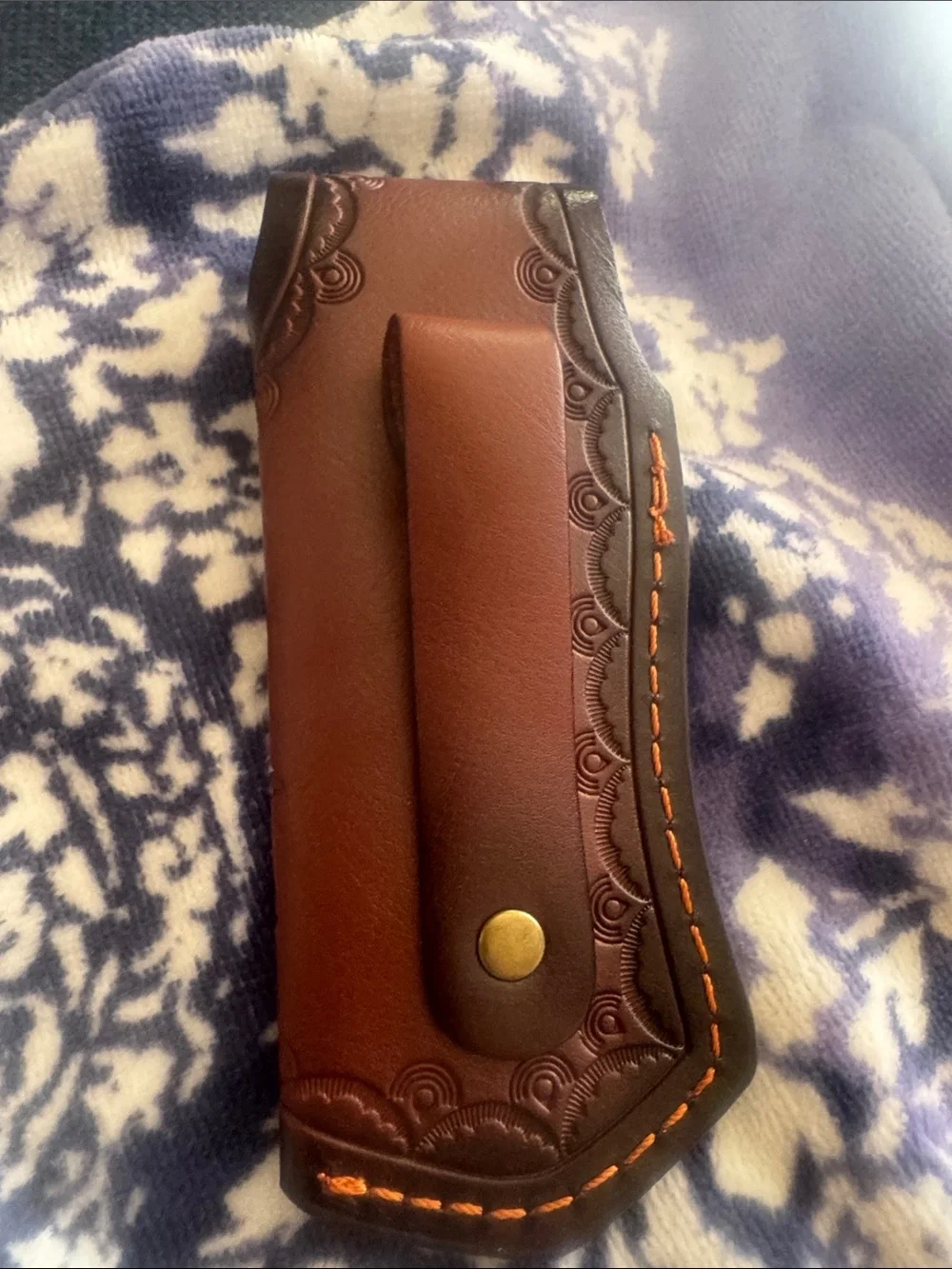 Premium Brown Leather Knife Sheath with Embossed Leaf Detail